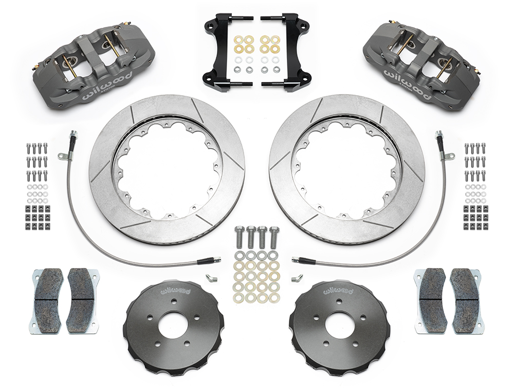 Wilwood AERO6 Big Brake Front Brake Kit (Race) Parts Laid Out - Type III Anodize Caliper - GT Slotted Rotor