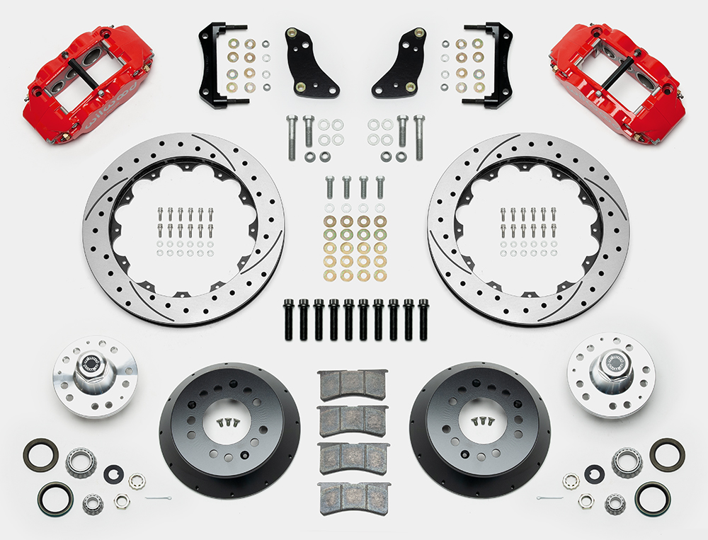 Wilwood Forged Narrow Superlite 6R Big Brake Front Brake Kit (Hub) Parts Laid Out - Red Powder Coat Caliper - SRP Drilled & Slotted Rotor