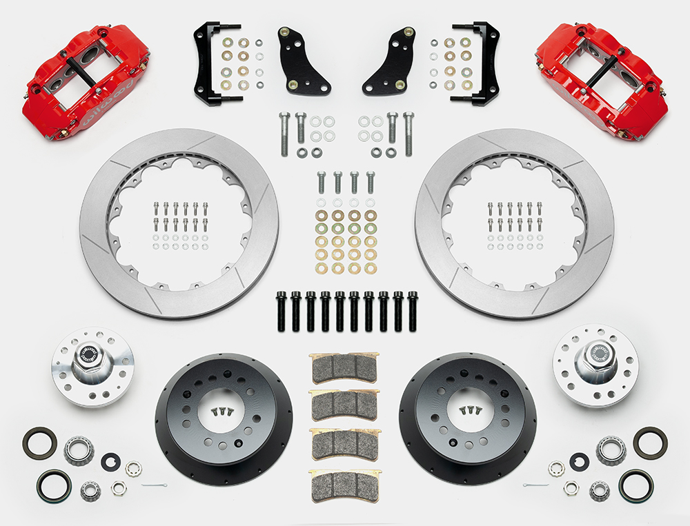 Wilwood Forged Narrow Superlite 6R Big Brake Front Brake Kit (Hub) Parts Laid Out - Red Powder Coat Caliper - GT Slotted Rotor