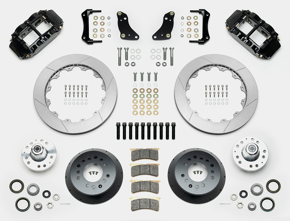 Wilwood Forged Narrow Superlite 6R Big Brake Front Brake Kit (Hub) Parts Laid Out - Black Powder Coat Caliper - GT Slotted Rotor