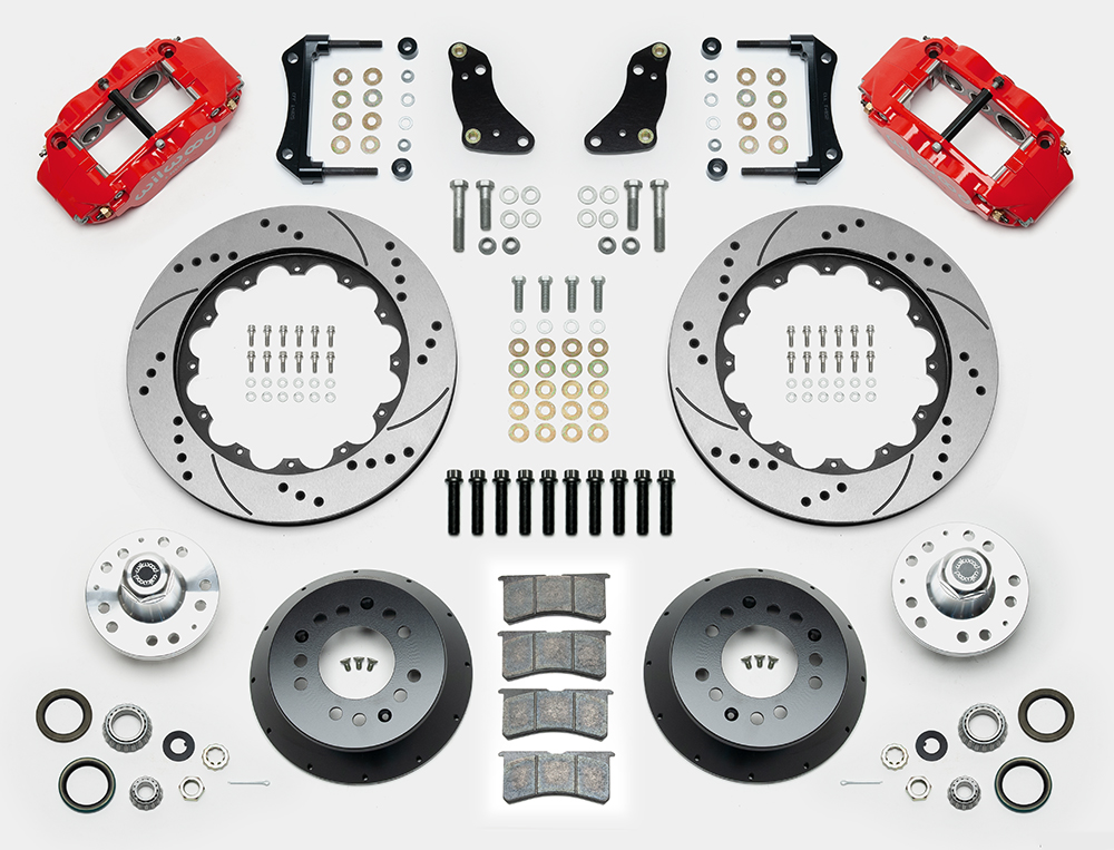 Wilwood Forged Narrow Superlite 6R Big Brake Front Brake Kit (Hub) Parts Laid Out - Red Powder Coat Caliper - SRP Drilled & Slotted Rotor