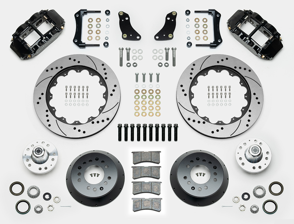 Wilwood Forged Narrow Superlite 6R Big Brake Front Brake Kit (Hub) Parts Laid Out - Black Powder Coat Caliper - SRP Drilled & Slotted Rotor