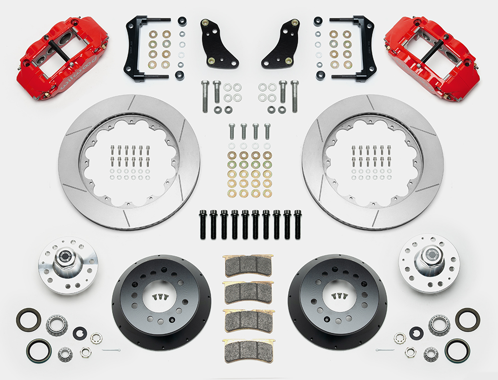 Wilwood Forged Narrow Superlite 6R Big Brake Front Brake Kit (Hub) Parts Laid Out - Red Powder Coat Caliper - GT Slotted Rotor