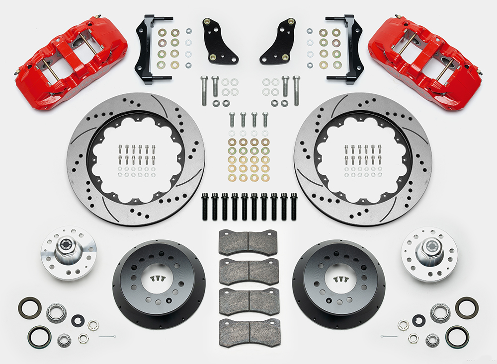 Wilwood AERO6 Big Brake Front Brake Kit Parts Laid Out - Red Powder Coat Caliper - SRP Drilled & Slotted Rotor