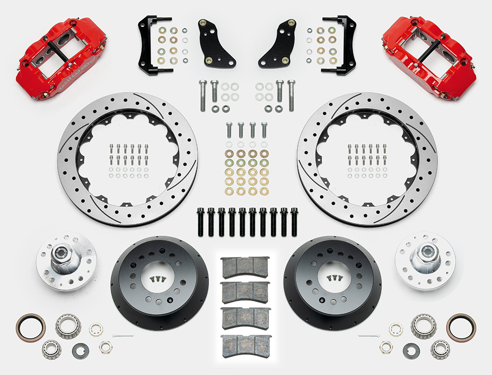 Wilwood Forged Narrow Superlite 6R Big Brake Front Brake Kit (Hub) Parts Laid Out - Red Powder Coat Caliper - SRP Drilled & Slotted Rotor