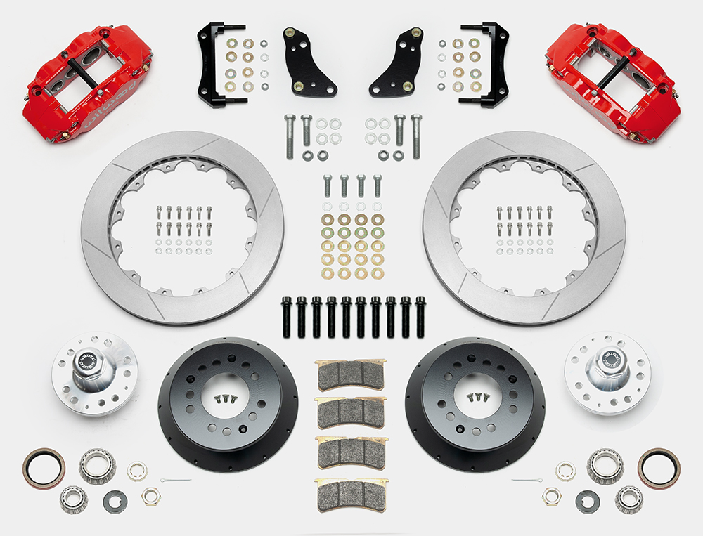 Wilwood Forged Narrow Superlite 6R Big Brake Front Brake Kit (Hub) Parts Laid Out - Red Powder Coat Caliper - GT Slotted Rotor