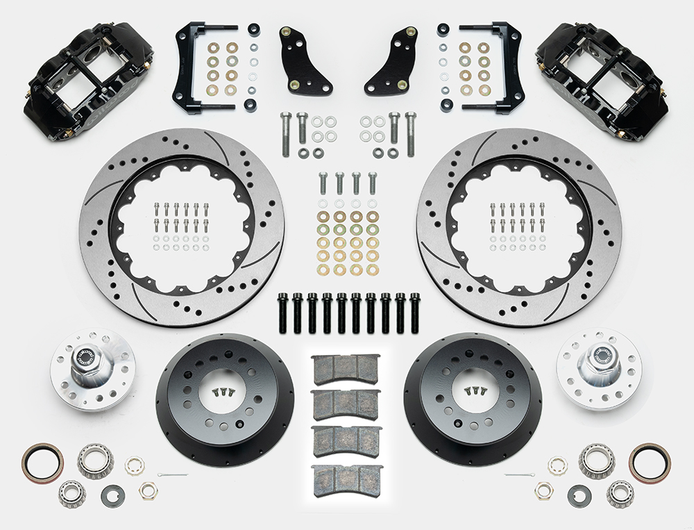 Wilwood Forged Narrow Superlite 6R Big Brake Front Brake Kit (Hub) Parts Laid Out - Black Powder Coat Caliper - SRP Drilled & Slotted Rotor