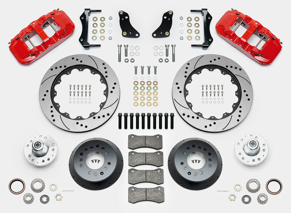 Wilwood AERO6 Big Brake Front Brake Kit Parts Laid Out - Red Powder Coat Caliper - SRP Drilled & Slotted Rotor