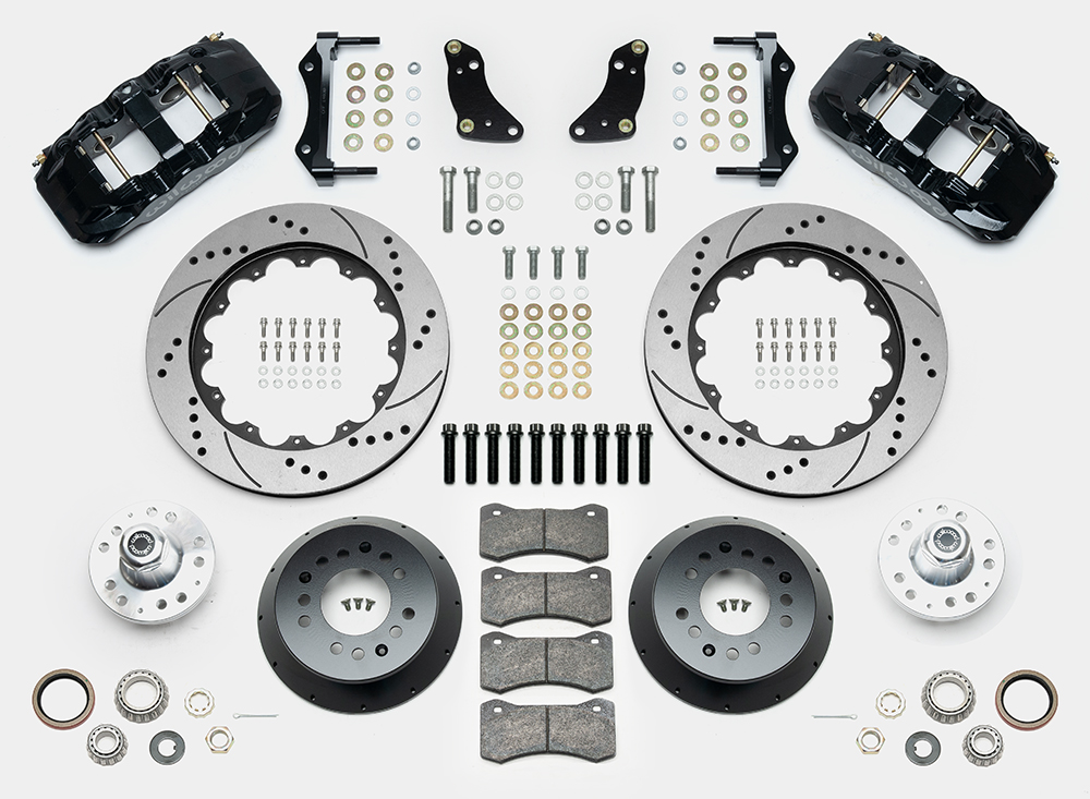 Wilwood AERO6 Big Brake Front Brake Kit Parts Laid Out - Black Powder Coat Caliper - SRP Drilled & Slotted Rotor