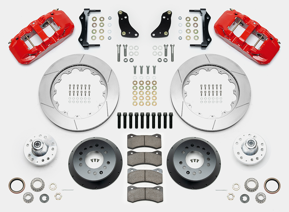 Wilwood AERO6 Big Brake Front Brake Kit Parts Laid Out - Red Powder Coat Caliper - GT Slotted Rotor