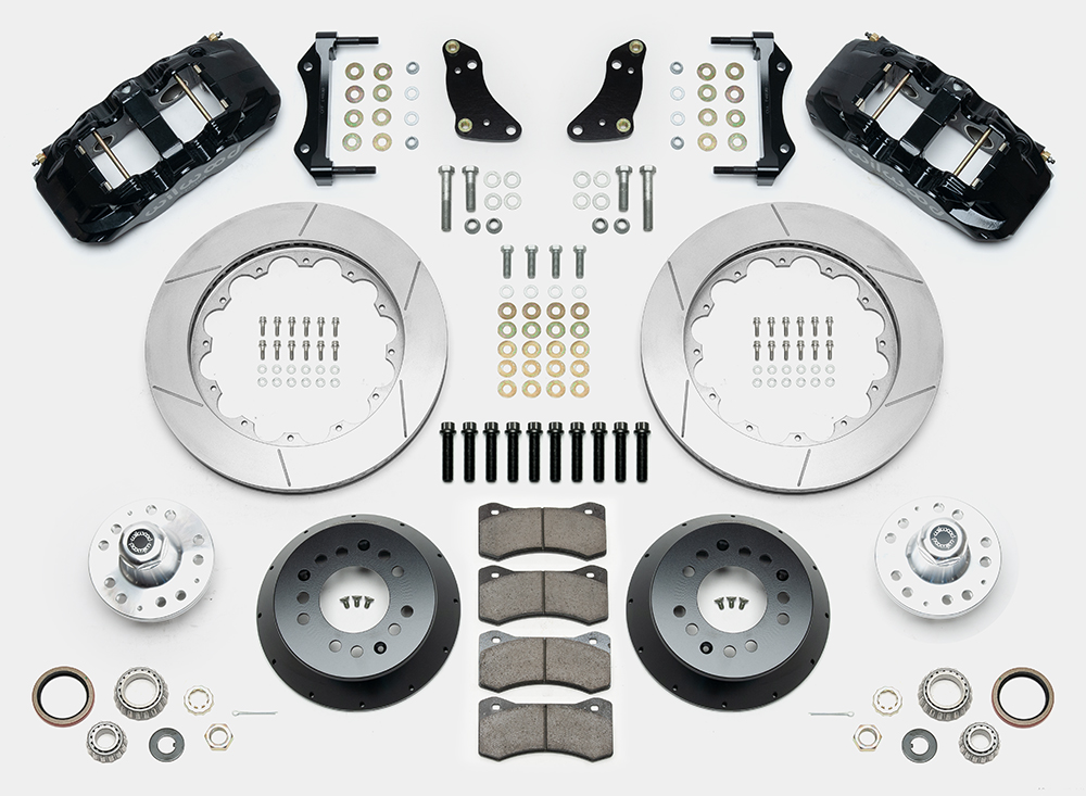 Wilwood AERO6 Big Brake Front Brake Kit Parts Laid Out - Black Powder Coat Caliper - GT Slotted Rotor