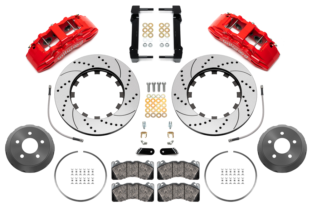 Wilwood SX6R Big Brake Dynamic Front Brake Kit Parts Laid Out - Red Powder Coat Caliper - SRP Drilled & Slotted Rotor