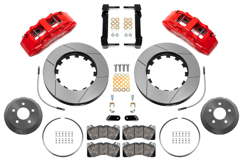 Wilwood SX6R Big Brake Dynamic Front Brake Kit Parts Laid Out - Red Powder Coat Caliper - GT Slotted Rotor