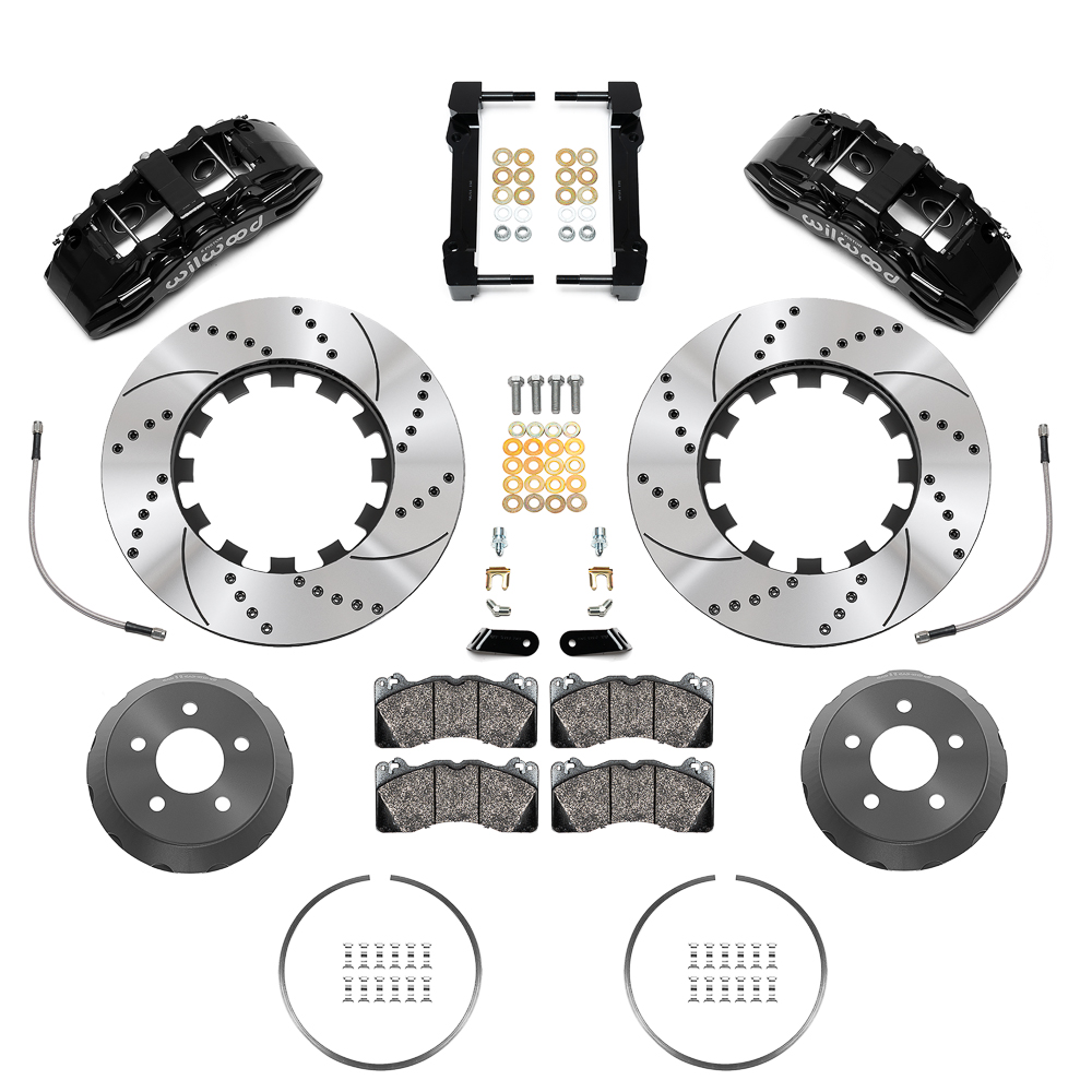 Wilwood SX6R Big Brake Dynamic Front Brake Kit Parts Laid Out - Black Powder Coat Caliper - SRP Drilled & Slotted Rotor