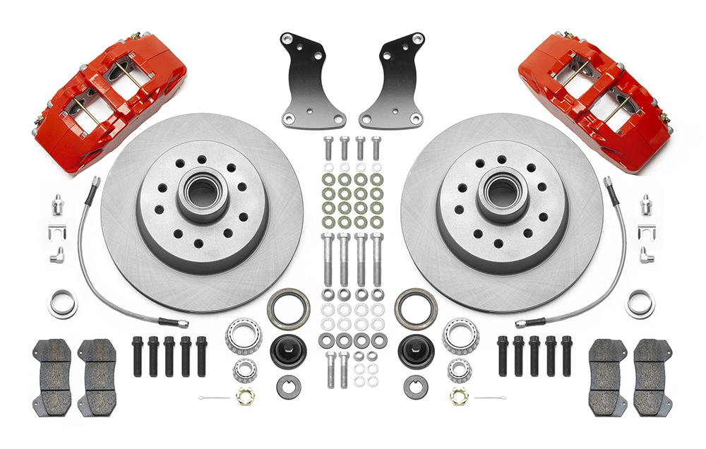 Wilwood Classic Series Dynapro 6 Front Brake Kit Parts Laid Out - Red Powder Coat Caliper - Plain Face Rotor