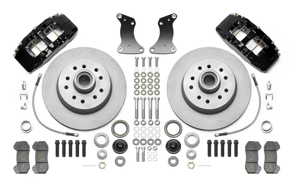 Wilwood Classic Series Dynapro 6 Front Brake Kit Parts Laid Out - Black Powder Coat Caliper - Plain Face Rotor