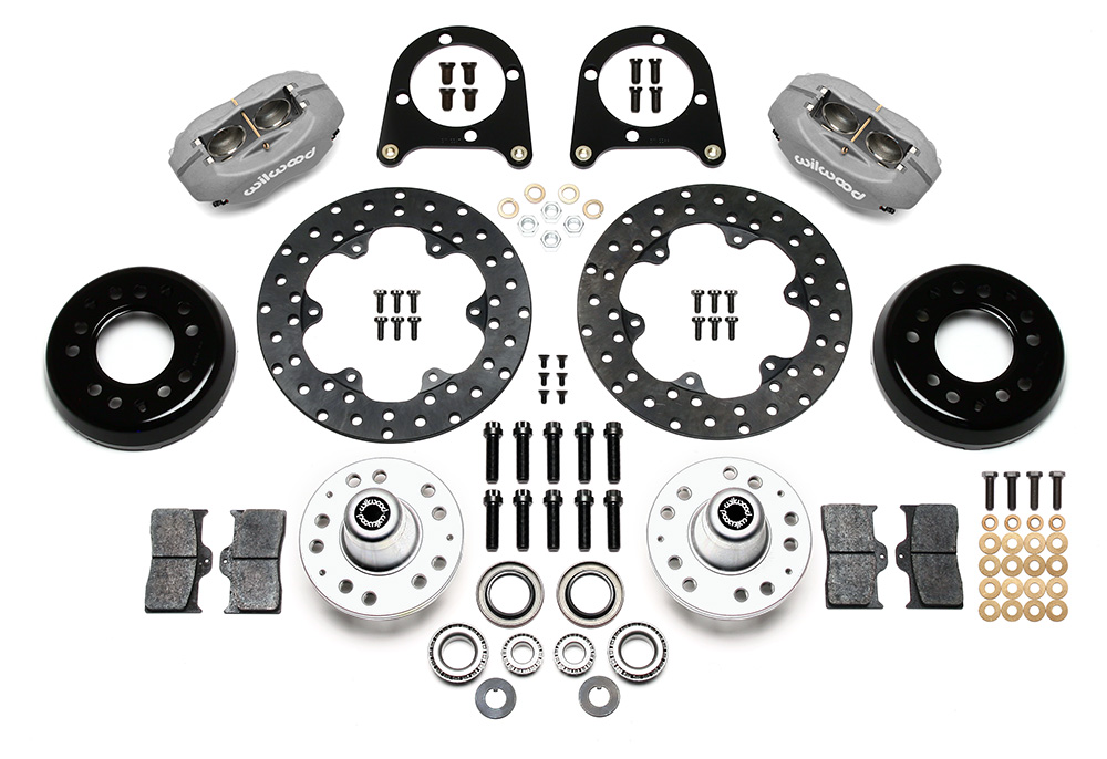 Wilwood Forged Dynalite Front Drag Brake Kit Parts Laid Out - Type III Anodize Caliper - Drilled Rotor