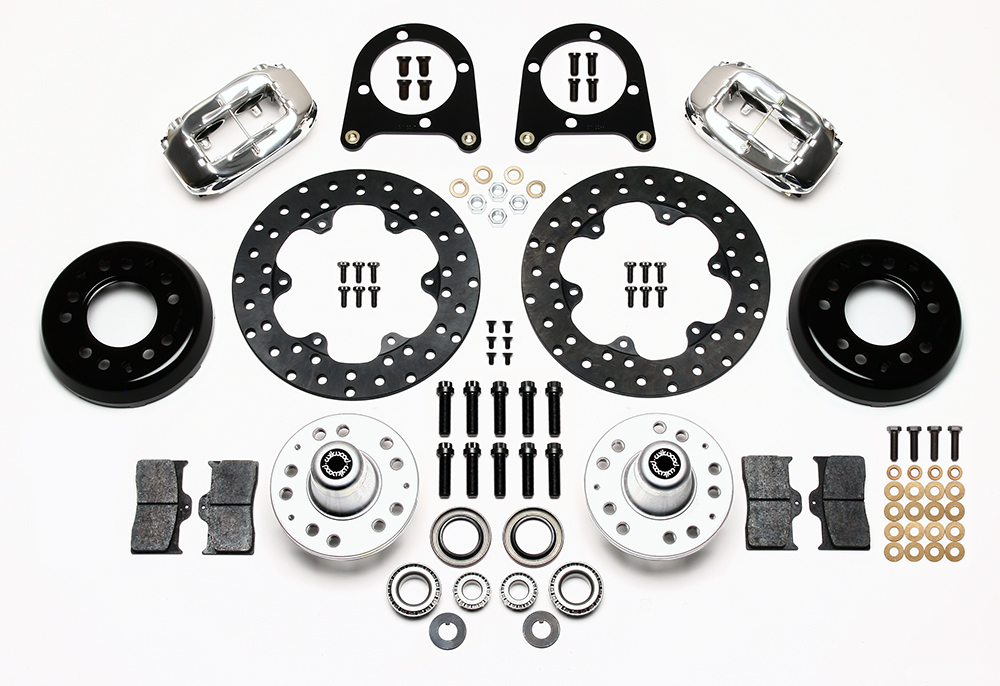Wilwood Forged Dynalite Front Drag Brake Kit Parts Laid Out - Polish Caliper - Drilled Rotor