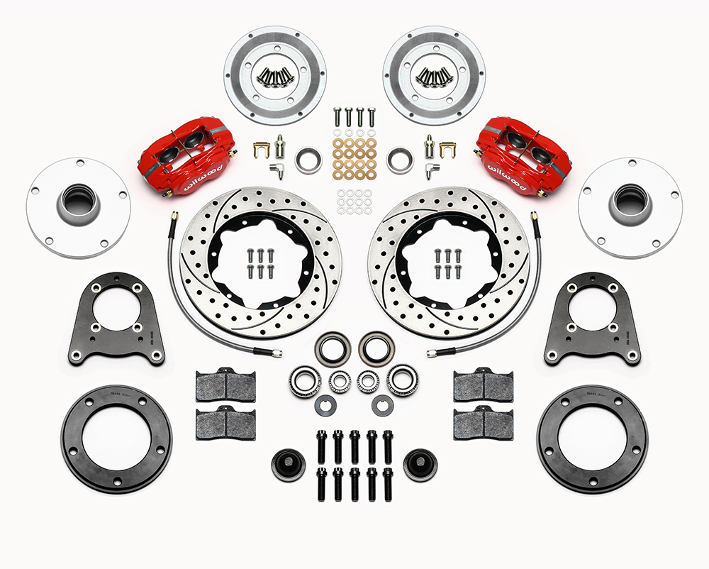 Wilwood Forged Dynalite Pro Series Front Brake Kit Parts Laid Out - Red Powder Coat Caliper - SRP Drilled & Slotted Rotor