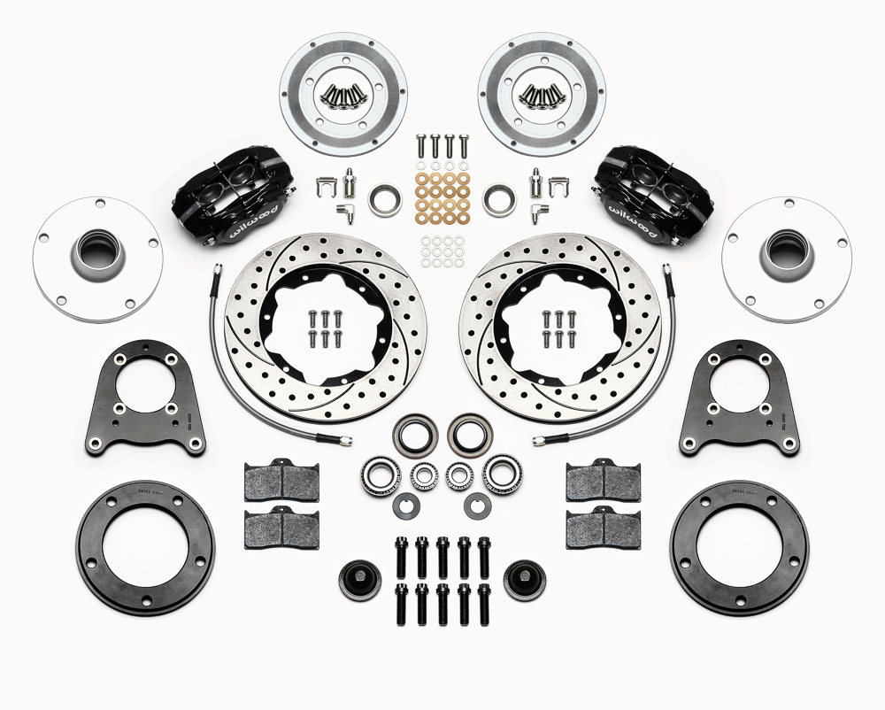 Wilwood Forged Dynalite Pro Series Front Brake Kit Parts Laid Out - Type III Anodize Caliper - SRP Drilled & Slotted Rotor