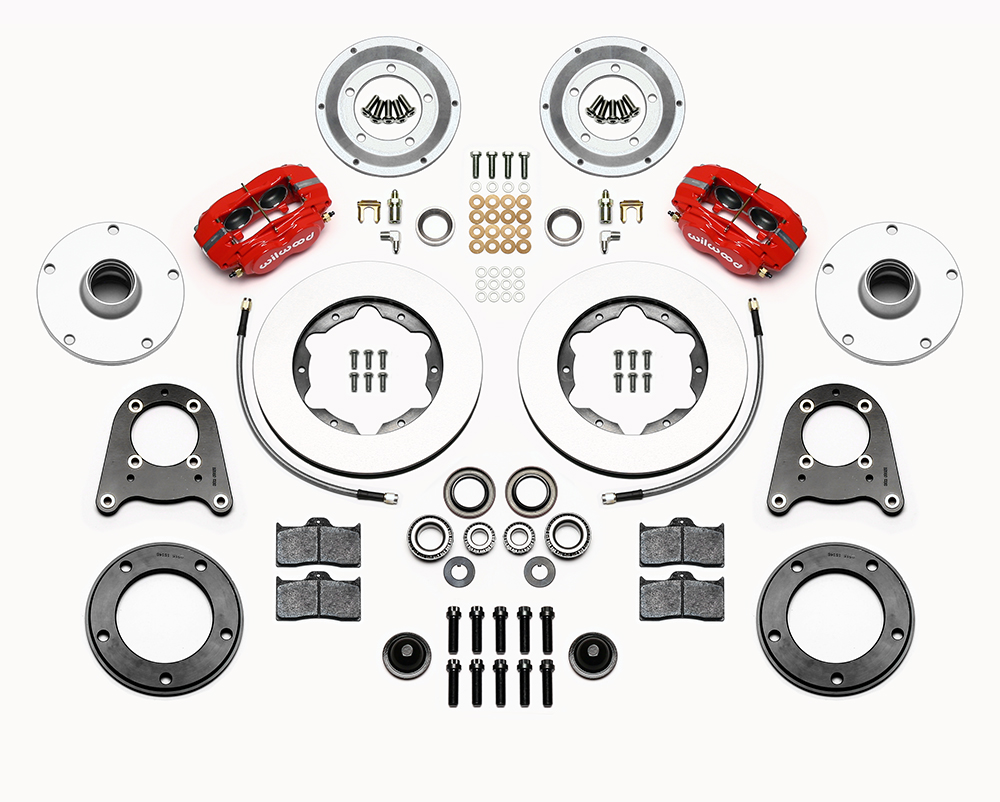 Wilwood Forged Dynalite Pro Series Front Brake Kit Parts Laid Out - Red Powder Coat Caliper - Plain Face Rotor