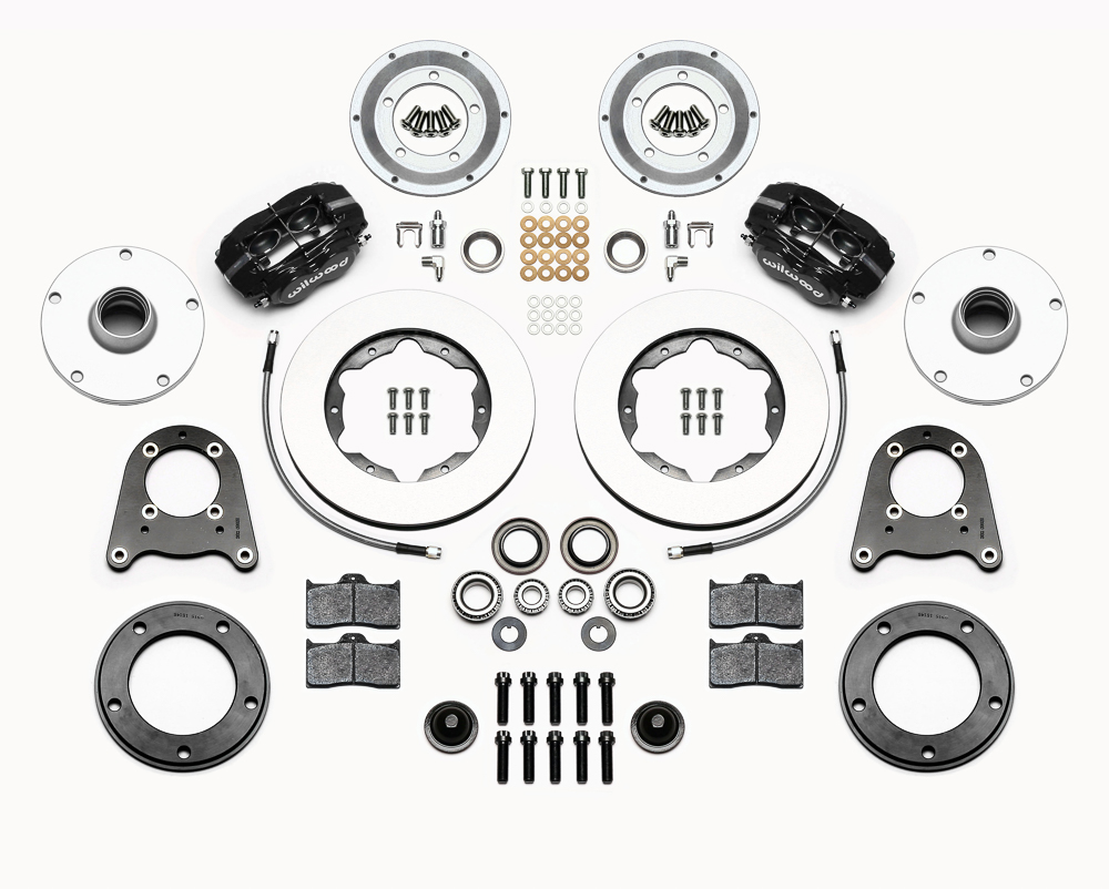 Wilwood Forged Dynalite Pro Series Front Brake Kit Parts Laid Out - Black Powder Coat Caliper - Plain Face Rotor