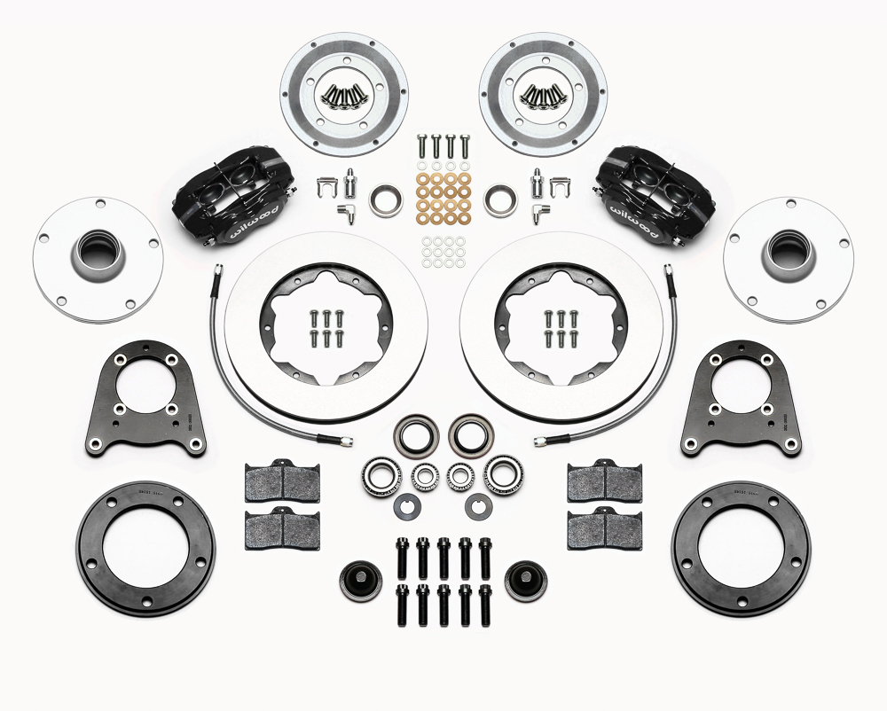 Wilwood Forged Dynalite Pro Series Front Brake Kit Parts Laid Out - Type III Anodize Caliper - Plain Face Rotor