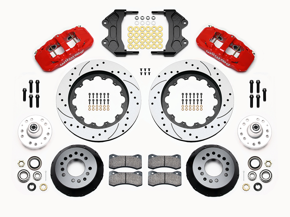 Wilwood AERO6 Big Brake Front Brake Kit Parts Laid Out - Red Powder Coat Caliper - SRP Drilled & Slotted Rotor