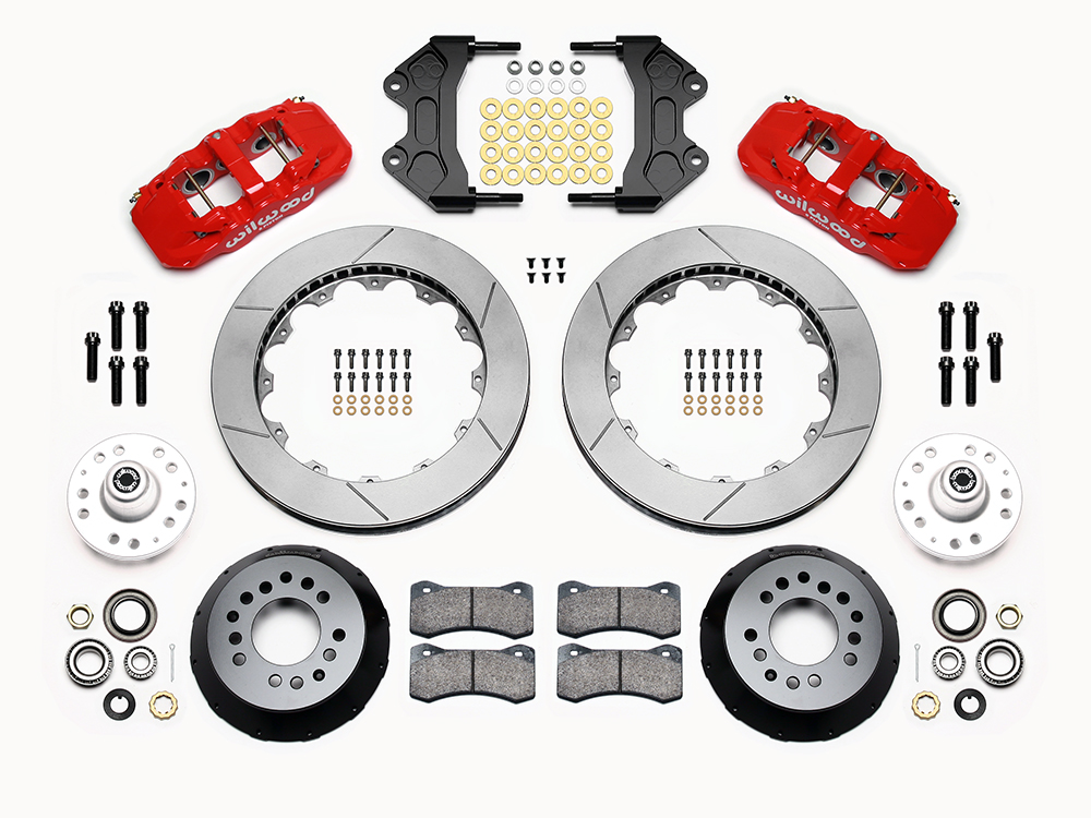 Wilwood AERO6 Big Brake Front Brake Kit Parts Laid Out - Red Powder Coat Caliper - GT Slotted Rotor