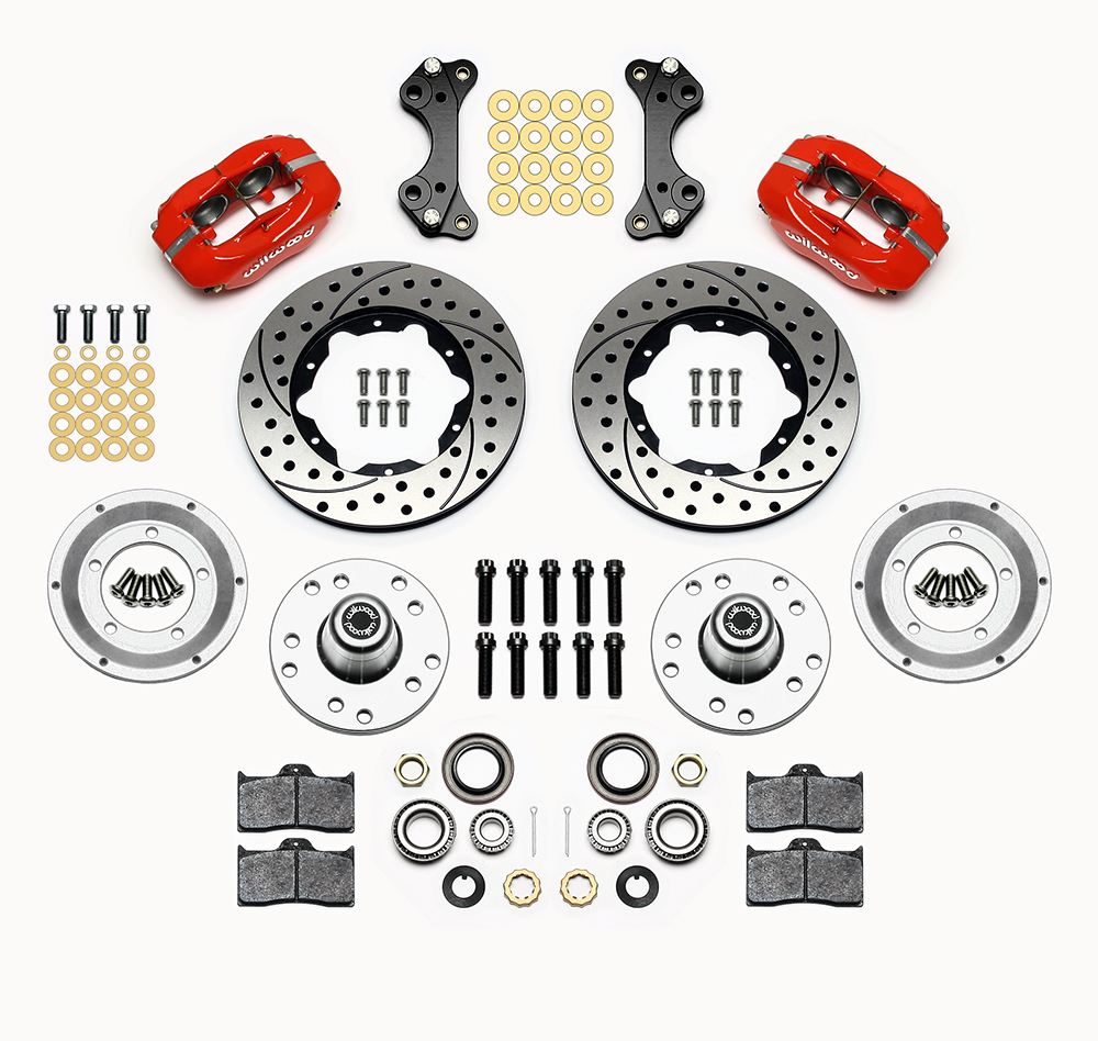 Wilwood Forged Dynalite Pro Series Front Brake Kit Parts Laid Out - Red Powder Coat Caliper - SRP Drilled & Slotted Rotor