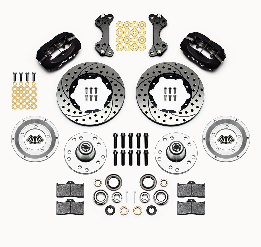 Wilwood Forged Dynalite Pro Series Front Brake Kit Parts Laid Out - Type III Anodize Caliper - SRP Drilled & Slotted Rotor