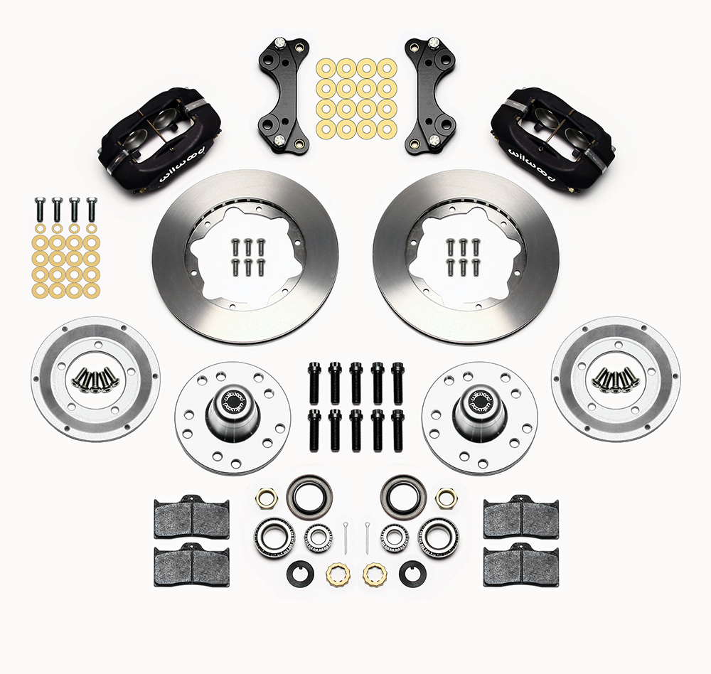 Wilwood Forged Dynalite Pro Series Front Brake Kit Parts Laid Out - Type III Anodize Caliper - Plain Face Rotor