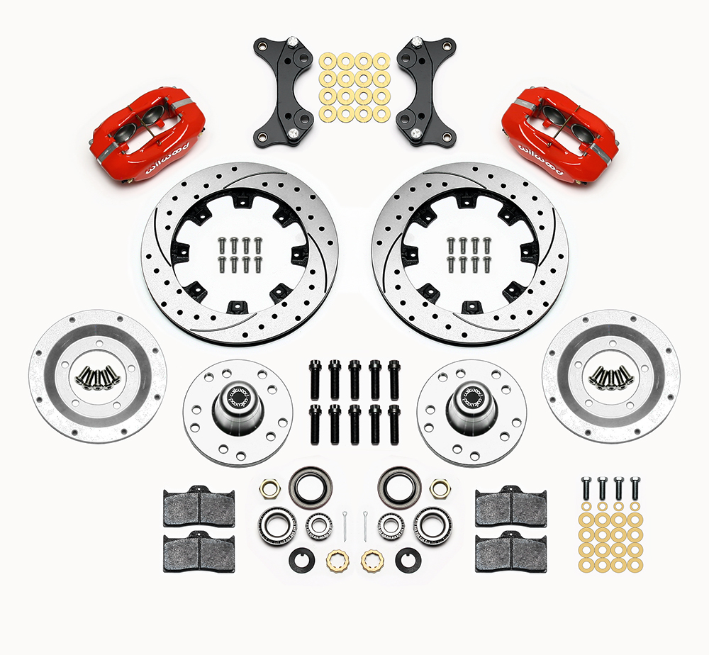 Wilwood Forged Dynalite Big Brake Front Brake Kit (Hub) Parts Laid Out - Red Powder Coat Caliper - SRP Drilled & Slotted Rotor