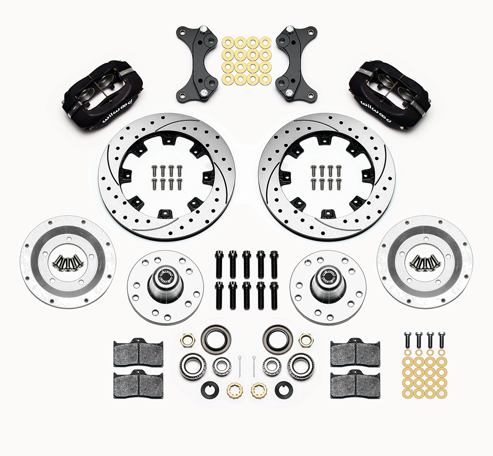 Wilwood Forged Dynalite Big Brake Front Brake Kit (Hub) Parts Laid Out - Type III Anodize Caliper - SRP Drilled & Slotted Rotor