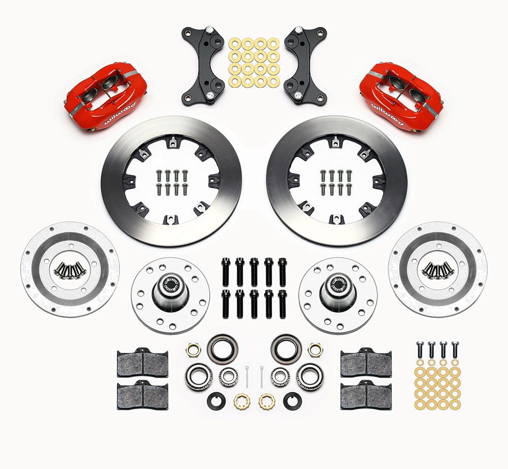 Wilwood Forged Dynalite Big Brake Front Brake Kit (Hub) Parts Laid Out - Red Powder Coat Caliper - Plain Face Rotor