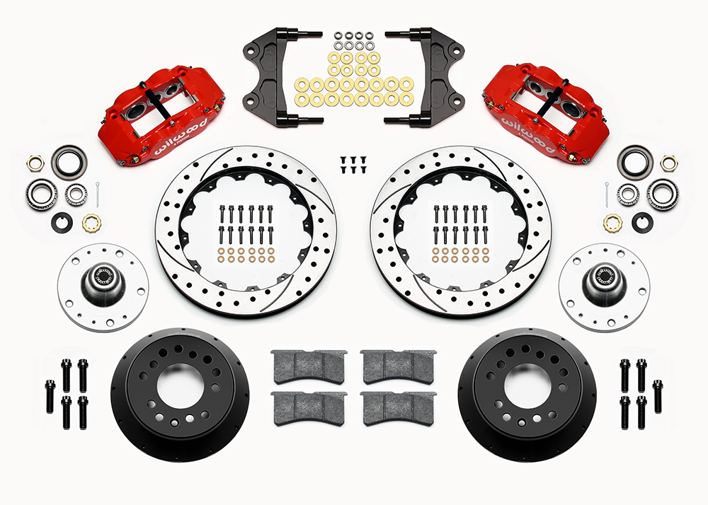 Wilwood Forged Narrow Superlite 6R Big Brake Front Brake Kit (5 x 5 Hub) Parts Laid Out - Red Powder Coat Caliper - SRP Drilled & Slotted Rotor