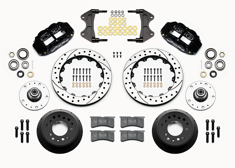 Wilwood Forged Narrow Superlite 6R Big Brake Front Brake Kit (5 x 5 Hub) Parts Laid Out - Black Powder Coat Caliper - SRP Drilled & Slotted Rotor