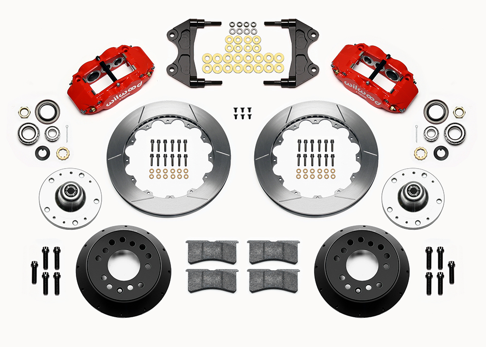 Wilwood Forged Narrow Superlite 6R Big Brake Front Brake Kit (5 x 5 Hub) Parts Laid Out - Red Powder Coat Caliper - GT Slotted Rotor