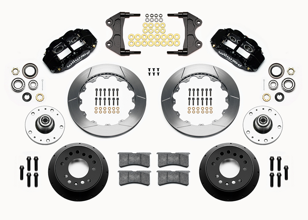 Wilwood Forged Narrow Superlite 6R Big Brake Front Brake Kit (5 x 5 Hub) Parts Laid Out - Black Powder Coat Caliper - GT Slotted Rotor