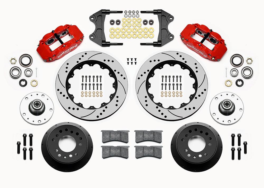 Wilwood Forged Narrow Superlite 6R Big Brake Front Brake Kit (5 x 5 Hub) Parts Laid Out - Red Powder Coat Caliper - SRP Drilled & Slotted Rotor