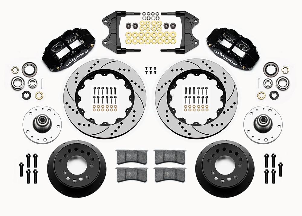 Wilwood Forged Narrow Superlite 6R Big Brake Front Brake Kit (5 x 5 Hub) Parts Laid Out - Black Powder Coat Caliper - SRP Drilled & Slotted Rotor