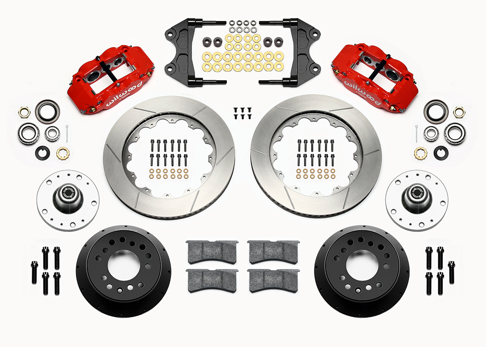 Wilwood Forged Narrow Superlite 6R Big Brake Front Brake Kit (5 x 5 Hub) Parts Laid Out - Red Powder Coat Caliper - GT Slotted Rotor