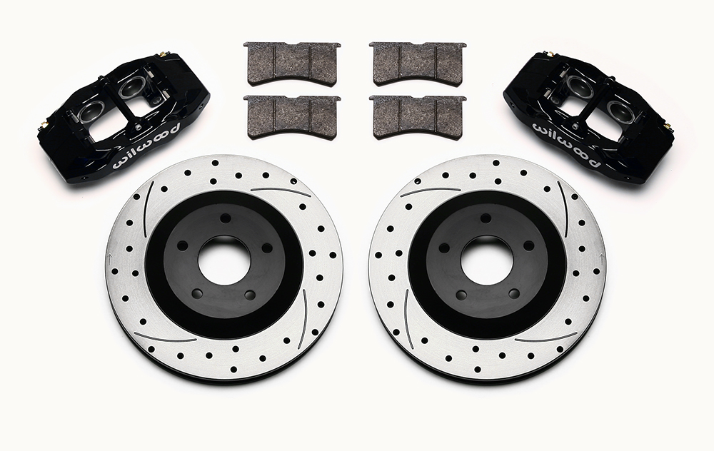 Wilwood SLC56 Front Replacement Caliper and Rotor Kit Parts Laid Out - Black Powder Coat Caliper - SRP Dimpled & Slotted Rotor