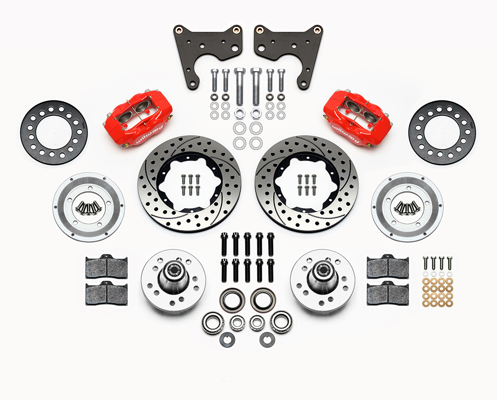 Wilwood Forged Dynalite Pro Series Front Brake Kit Parts Laid Out - Red Powder Coat Caliper - SRP Drilled & Slotted Rotor