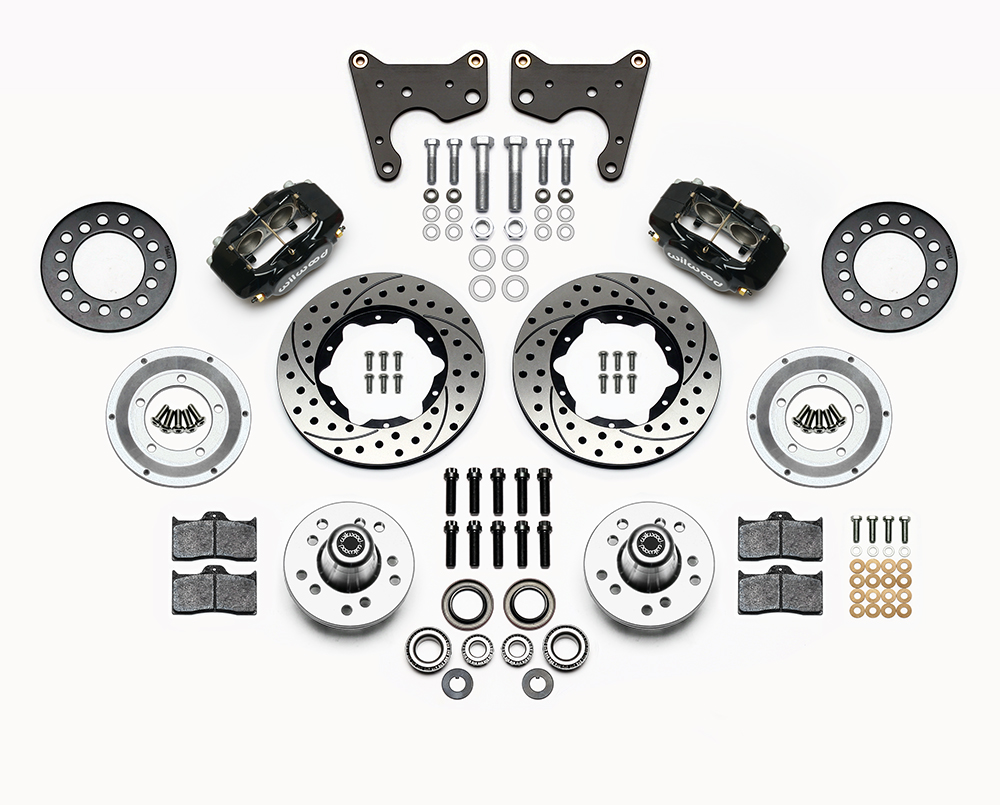 Wilwood Forged Dynalite Pro Series Front Brake Kit Parts Laid Out - Black Powder Coat Caliper - SRP Drilled & Slotted Rotor