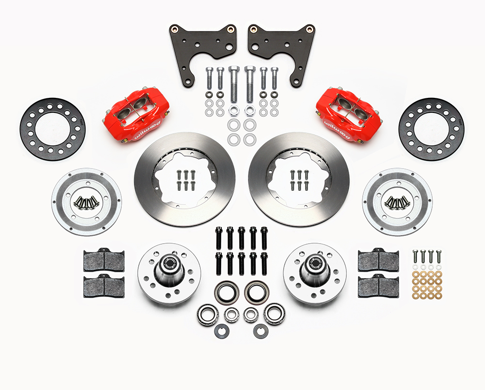 Wilwood Forged Dynalite Pro Series Front Brake Kit Parts Laid Out - Red Powder Coat Caliper - Plain Face Rotor