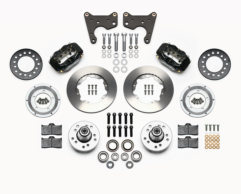 Wilwood Forged Dynalite Pro Series Front Brake Kit Parts Laid Out - Black Powder Coat Caliper - Plain Face Rotor