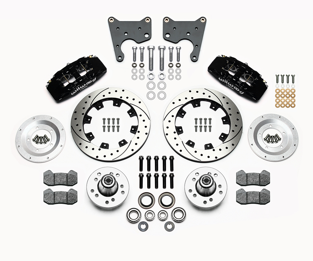 Wilwood Forged Dynapro 6 Big Brake Front Brake Kit (Hub) Parts Laid Out - Black Powder Coat Caliper - SRP Drilled & Slotted Rotor