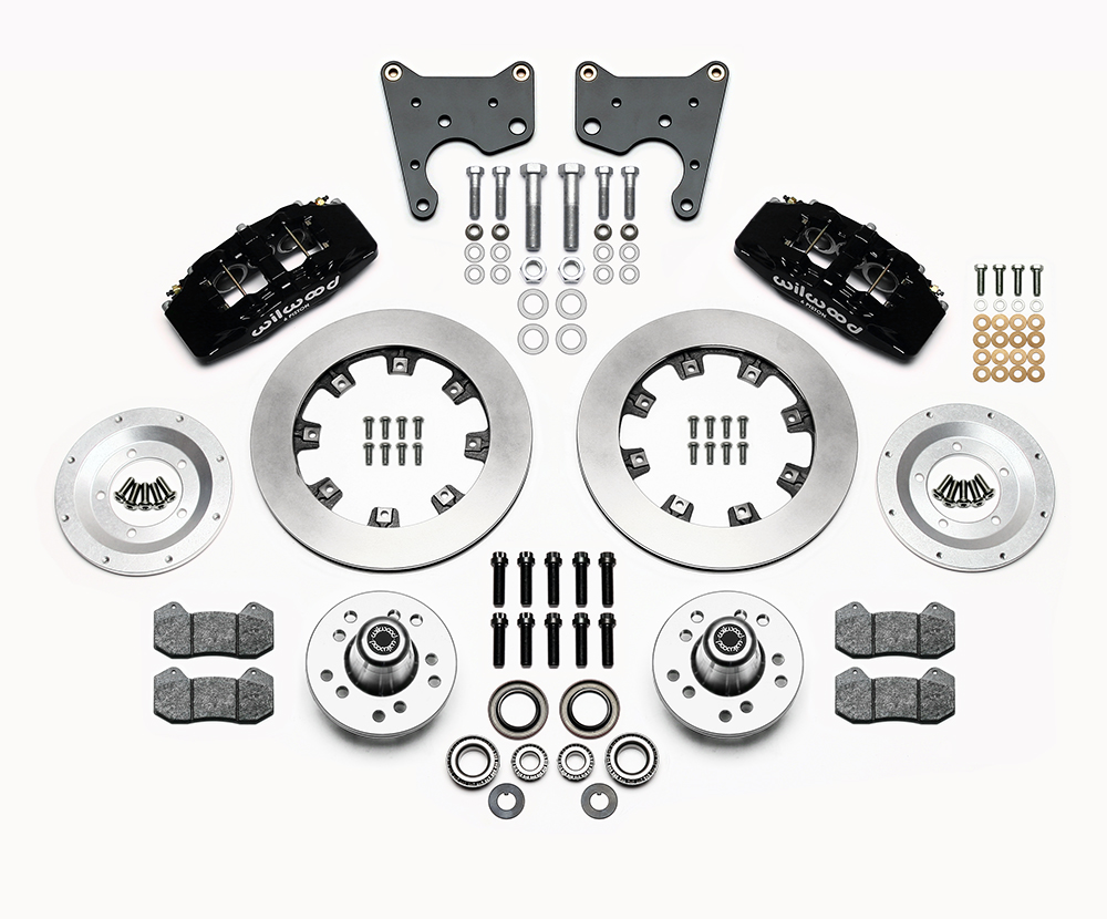 Wilwood Forged Dynapro 6 Big Brake Front Brake Kit (Hub) Parts Laid Out - Black Powder Coat Caliper - Plain Face Rotor