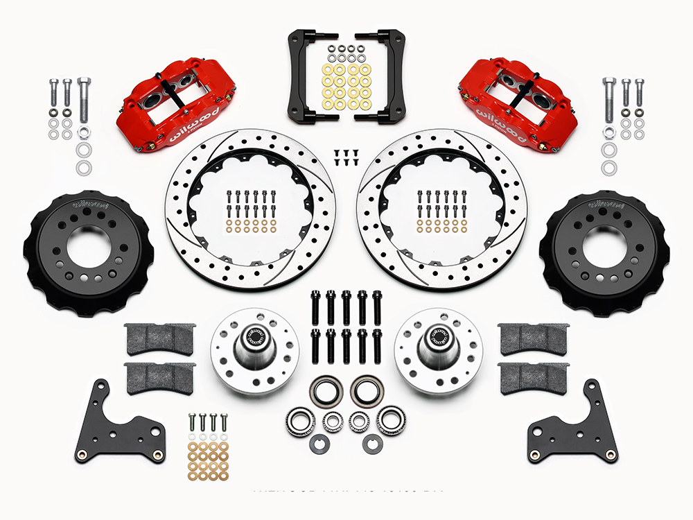 Wilwood Forged Narrow Superlite 6R Big Brake Front Brake Kit (Hub) Parts Laid Out - Red Powder Coat Caliper - SRP Drilled & Slotted Rotor